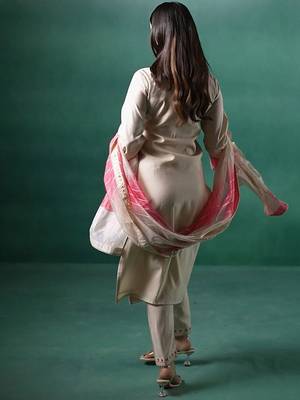 Floral Embroidered V-Neck Mirror Work Straight Kurta & Trousers With Dupatta 5