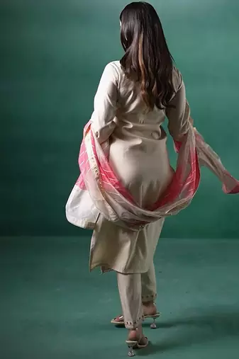 Floral Embroidered V-Neck Mirror Work Straight Kurta & Trousers With Dupatta