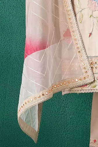 Floral Embroidered V-Neck Mirror Work Straight Kurta & Trousers With Dupatta