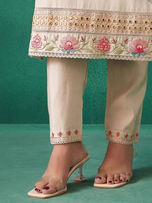 Floral Embroidered V-Neck Mirror Work Straight Kurta & Trousers With Dupatta 7