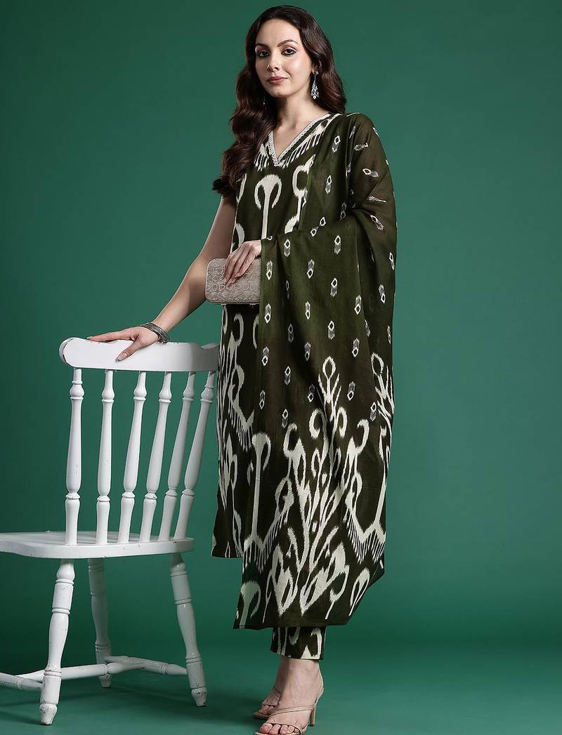Printed Pure Cotton Kurta with Trousers & With Dupatta
