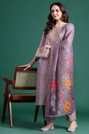 Floral Embroidered Kurta with Trousers & Dupatta