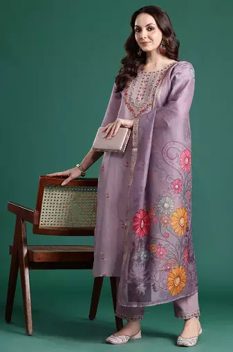 Floral Embroidered Kurta with Trousers & Dupatta