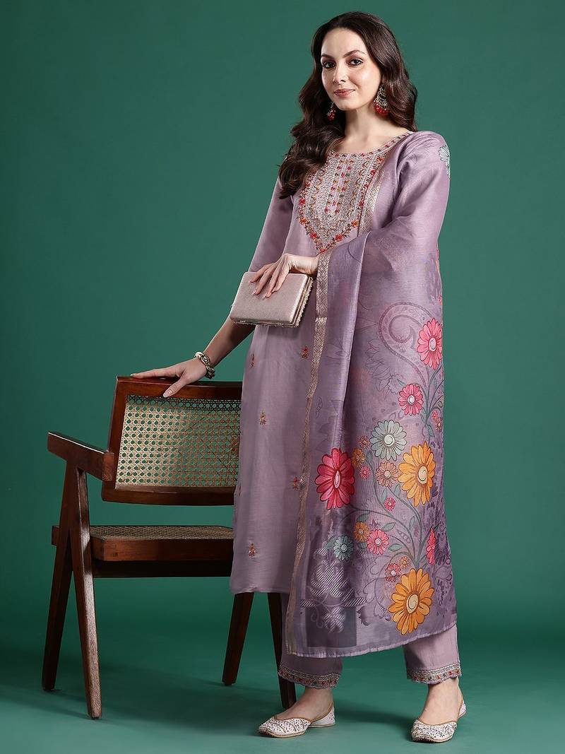 Floral Embroidered Kurta with Trousers & Dupatta