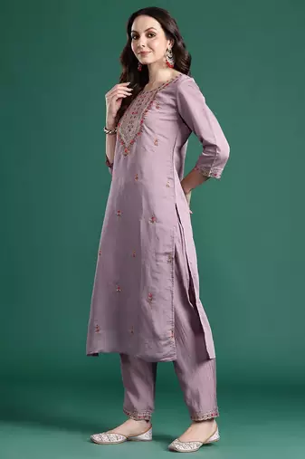 Floral Embroidered Kurta with Trousers & Dupatta