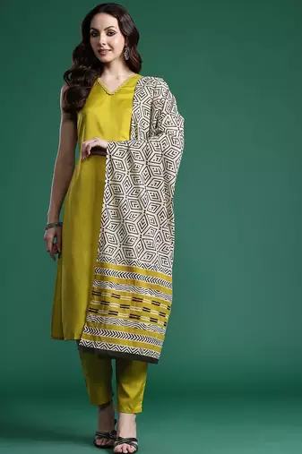 Solid Regular Kurta with Trousers & Dupatta