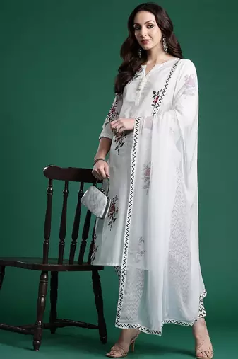 Floral Printed Pure Cotton Kurta with Trousers & With Dupatta