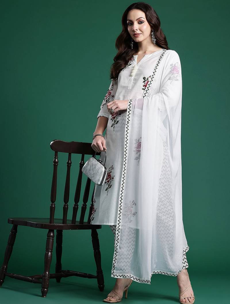 Floral Printed Pure Cotton Kurta with Trousers & With Dupatta