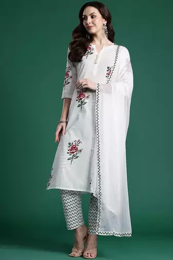 Floral Printed Pure Cotton Kurta with Trousers & With Dupatta