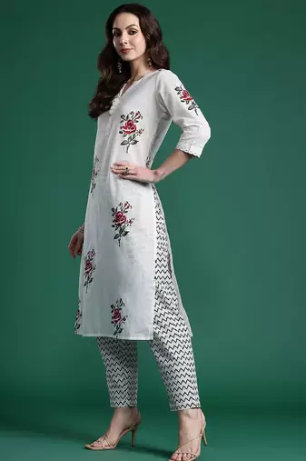 Floral Printed Pure Cotton Kurta with Trousers & With Dupatta