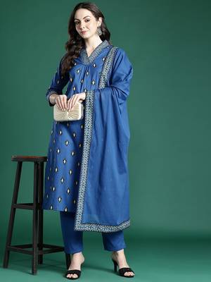 Ethnic Motifs Embroidered Pure Cotton Kurta with Trousers & Dupatta 1