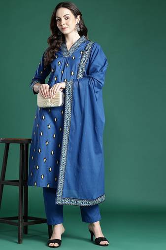 Ethnic Motifs Embroidered Pure Cotton Kurta with Trousers & Dupatta