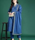 Ethnic Motifs Embroidered Pure Cotton Kurta with Trousers & Dupatta