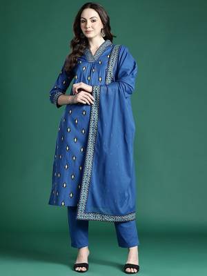 Ethnic Motifs Embroidered Pure Cotton Kurta with Trousers & Dupatta 5