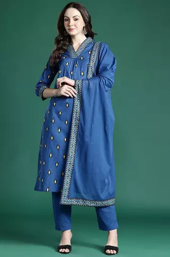 Ethnic Motifs Embroidered Pure Cotton Kurta with Trousers & Dupatta