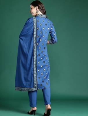 Ethnic Motifs Embroidered Pure Cotton Kurta with Trousers & Dupatta 7