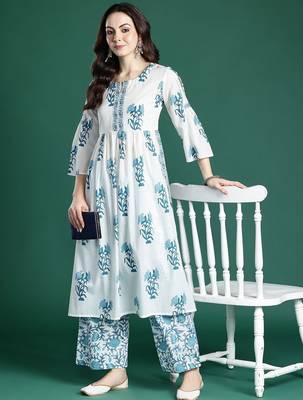 Floral Printed Regular Pure Cotton Kurta with Palazzos 1