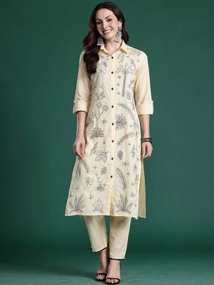 Embroidered Pure Cotton Straight Kurta with Trousers 1
