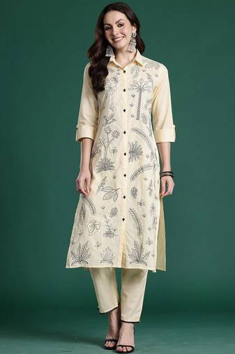 Embroidered Pure Cotton Straight Kurta with Trousers