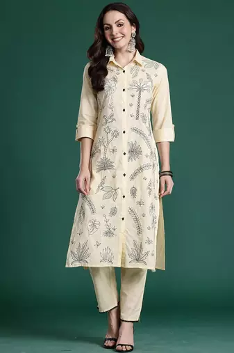 Embroidered Pure Cotton Straight Kurta with Trousers