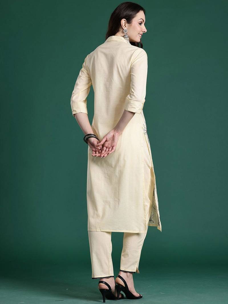 Embroidered Pure Cotton Straight Kurta with Trousers