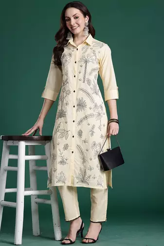 Embroidered Pure Cotton Straight Kurta with Trousers