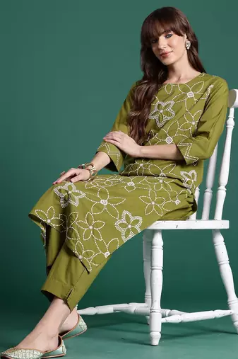 Embroidered Pure Cotton Straight Kurta With Trousers