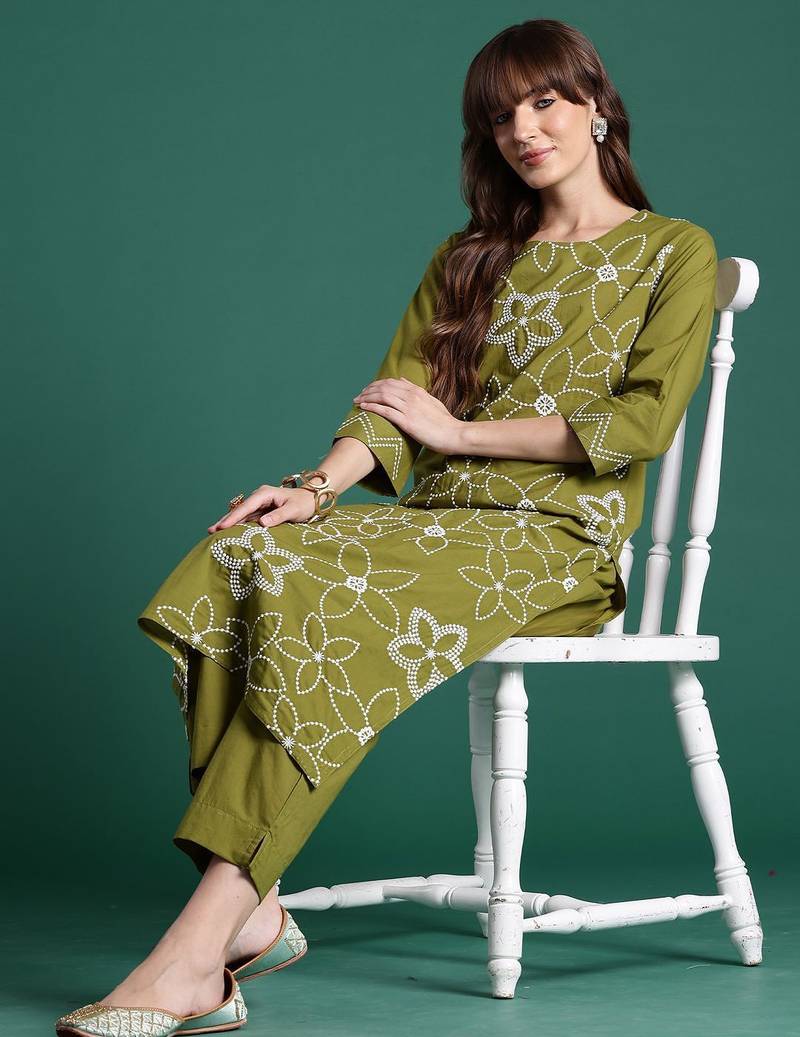 Embroidered Pure Cotton Straight Kurta With Trousers