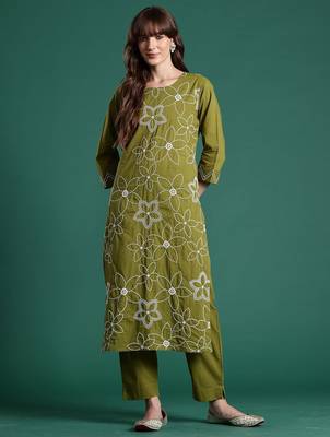 Embroidered Pure Cotton Straight Kurta With Trousers 5