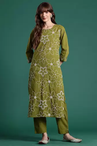 Embroidered Pure Cotton Straight Kurta With Trousers