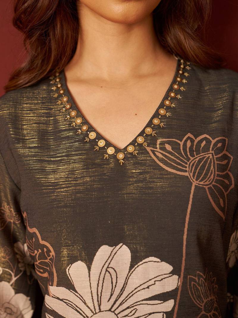 Floral Printed Beads and Stones Kurta With Trousers & \Dupatta