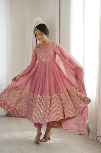 Pink sequins embroidered crunchy silk anarkali with pant & dupatta