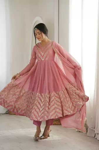 Pink sequins embroidered crunchy silk anarkali with pant & dupatta