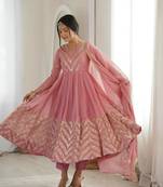 Pink sequins embroidered crunchy silk anarkali with pant & dupatta