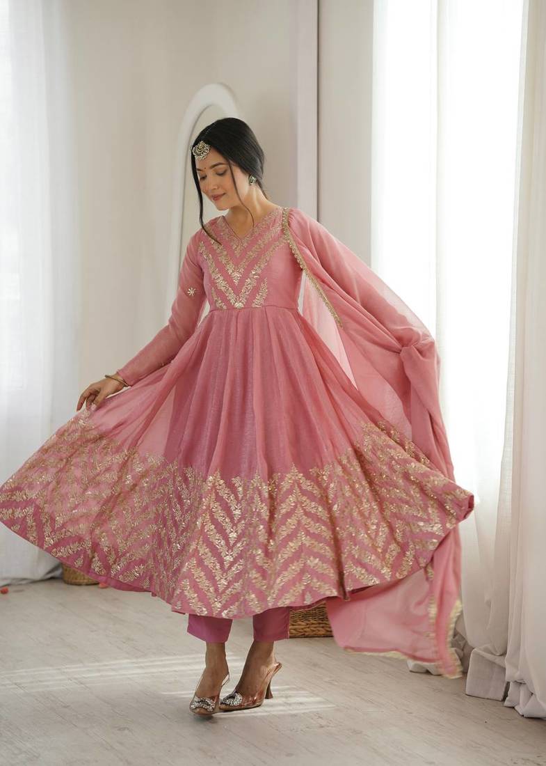 Pink sequins embroidered crunchy silk anarkali with pant & dupatta