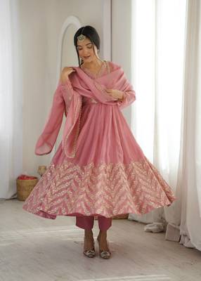 Pink sequins embroidered crunchy silk anarkali with pant & dupatta 2