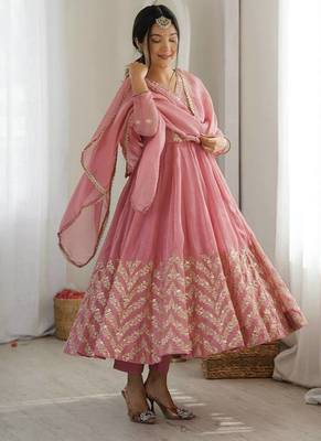 Pink sequins embroidered crunchy silk anarkali with pant & dupatta 3