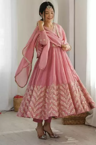 Pink sequins embroidered crunchy silk anarkali with pant & dupatta