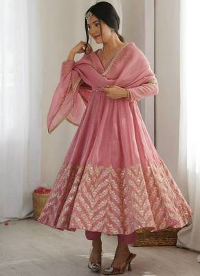 Pink sequins embroidered crunchy silk anarkali with pant & dupatta 4