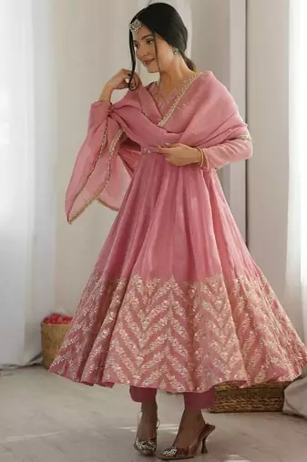 Pink sequins embroidered crunchy silk anarkali with pant & dupatta