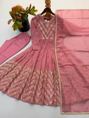 Pink sequins embroidered crunchy silk anarkali with pant & dupatta 5