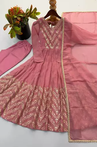 Pink sequins embroidered crunchy silk anarkali with pant & dupatta