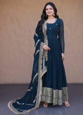 Rama Blue sequins & zari embroidered gown with dupatta 1