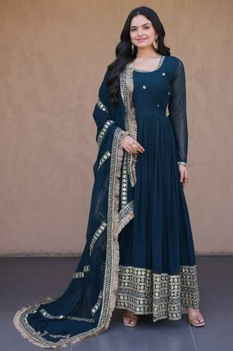 Rama Blue sequins & zari embroidered gown with dupatta