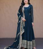 Rama Blue sequins & zari embroidered gown with dupatta