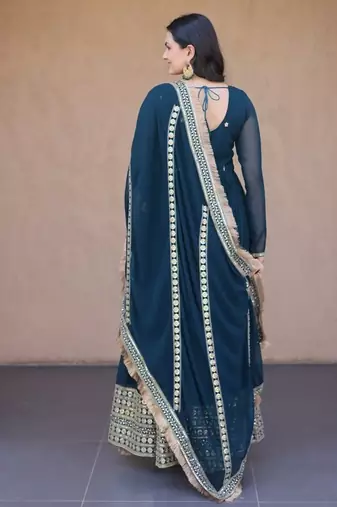 Rama Blue sequins & zari embroidered gown with dupatta