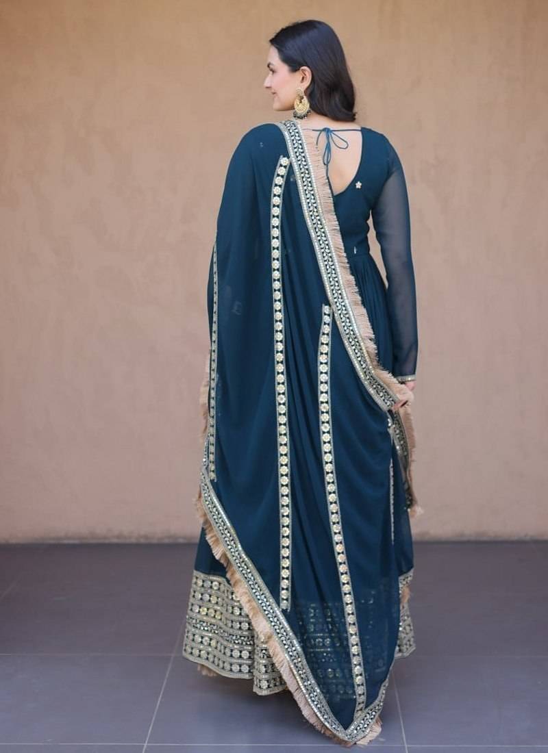 Rama Blue sequins & zari embroidered gown with dupatta
