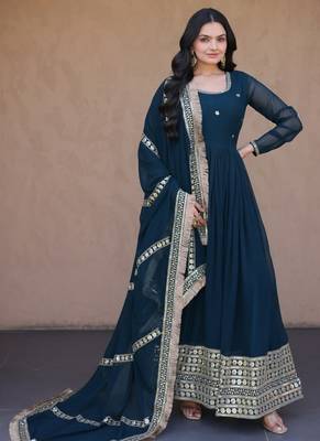 Rama Blue sequins & zari embroidered gown with dupatta 3