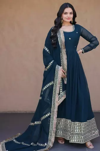 Rama Blue sequins & zari embroidered gown with dupatta
