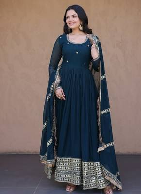 Rama Blue sequins & zari embroidered gown with dupatta 4